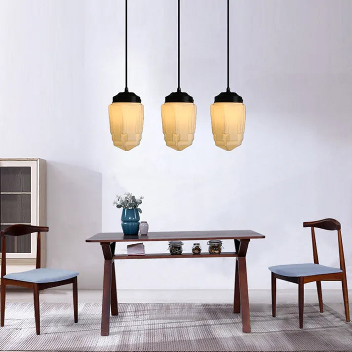 BrillLuma - Vintage Mælkehvidt Glas Geometrisk Krukke Vedhængslampe til Stilfuld Boligindretning
